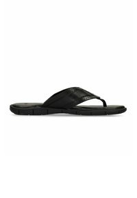 Black men's flip-flop sandal with perforated leather straps and cushioned sole, shown in side view on a white background.