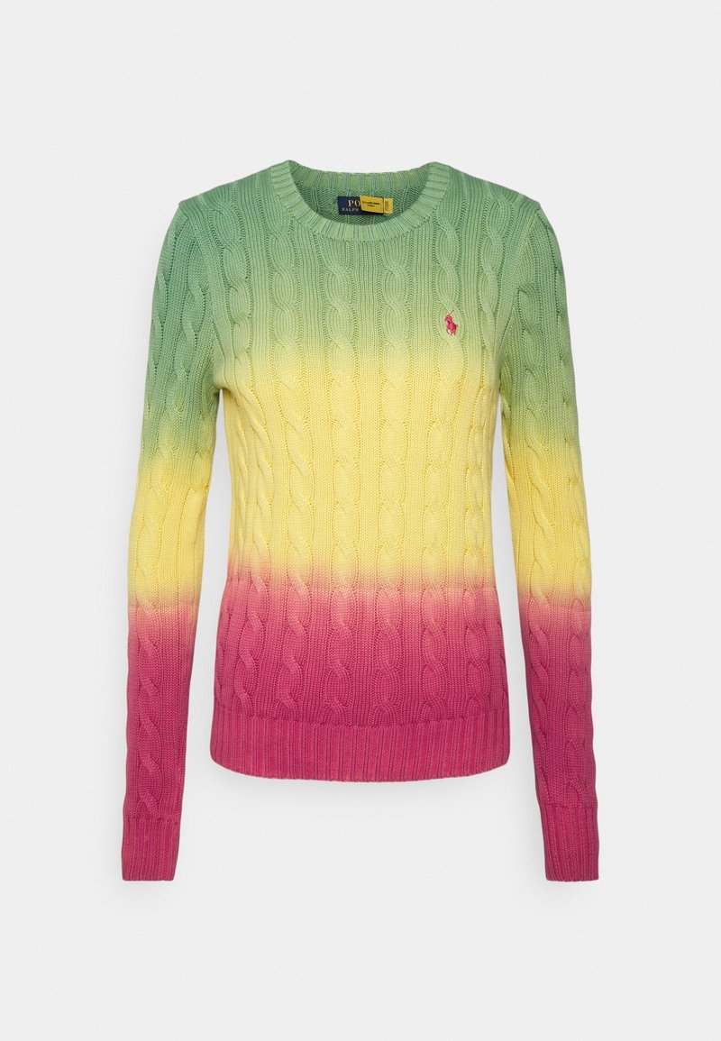 Pull en maille torsadée à manches longues avec un dégradé de couleurs vert, jaune et rose et un petit logo rose sur la poitrine.