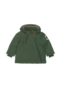 Zöld bélelt kapucnis dzseki, két első cipzárral, barna díszítésekkel és bordázott mandzsettákkal. Logó nyomtatva az ujjon.