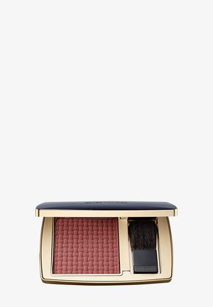 Compact with textured rose blush and small angled brush inside gold-trimmed navy case for precise makeup application.