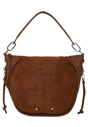Brown suede and leather shoulder bag with zipper top, metal clasps, and adjustable side straps.