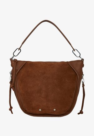 Brązowa torba na ramię zamszowo-skórzana, zapinana na suwak od góry, z metalowymi zapięciami i regulowanymi paskami po bokach.