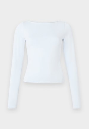 Long-sleeve, light blue fitted top with a boat neckline and simple, clean design on a plain background.