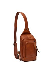 Borsa a tracolla in pelle marrone con una lunga tracolla regolabile, tasca frontale con zip, superficie liscia e design minimalista.