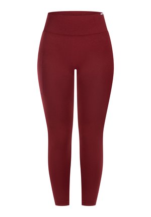 Bordeauxrote, hoch taillierte Leggings aus elastischem Stoff, mit seitlicher Tasche und einem glatten, enganliegenden Design.