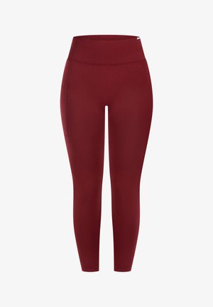 Bordeauxrote, hoch taillierte Leggings aus elastischem Stoff, mit seitlicher Tasche und einem glatten, enganliegenden Design.