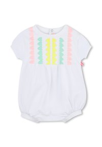 Witte korte mouw romper met pastelgekleurde puffy hartapplicaties in roze, groen en geel aan de voorkant; onderkant met elastische boorden.