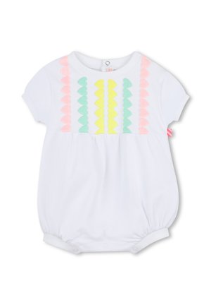 Combinaison courte à manches courtes blanche avec des appliqués en forme de cœurs pastel rose, vert et jaune à l'avant ; bas avec des poignets élastiques.