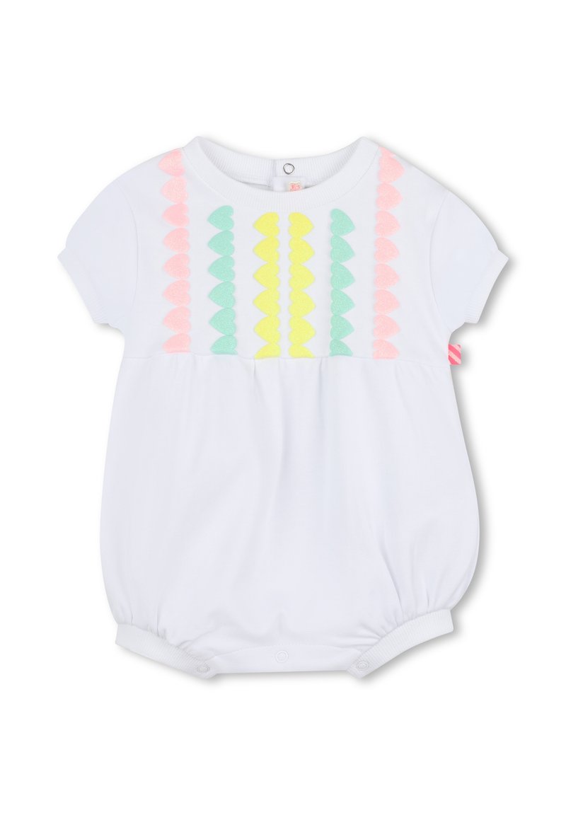 Witte korte mouw romper met pastelgekleurde puffy hartapplicaties in roze, groen en geel aan de voorkant; onderkant met elastische boorden.