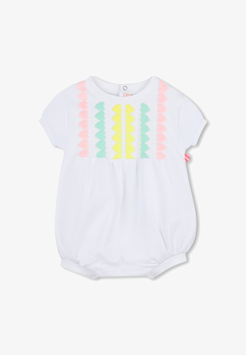 Witte korte mouw romper met pastelgekleurde puffy hartapplicaties in roze, groen en geel aan de voorkant; onderkant met elastische boorden.