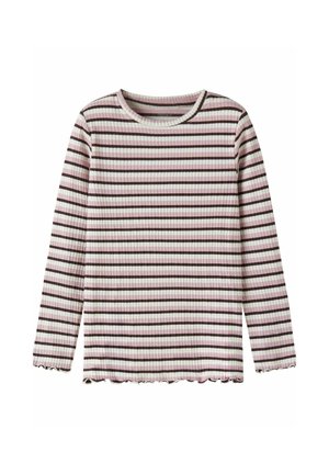 Dlhý rukáv príťažlivý top so žebrovanou textúrou, ktorý obsahuje vodorovné pruhy v svetlo ružovej, krémovej a tmavo hnedej farbe. Okrúhly výstrih so strapcovaným lemom.