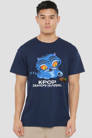 Young man wearing a navy blue t-shirt with a cartoon blue tiger and text "K-POP DEMON HUNTERS" on the front.