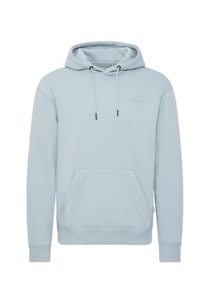 Sudadera de algodón azul claro con bolsillo canguro frontal, cordones ajustables, puños de canalé y un logotipo simple en el pecho.
