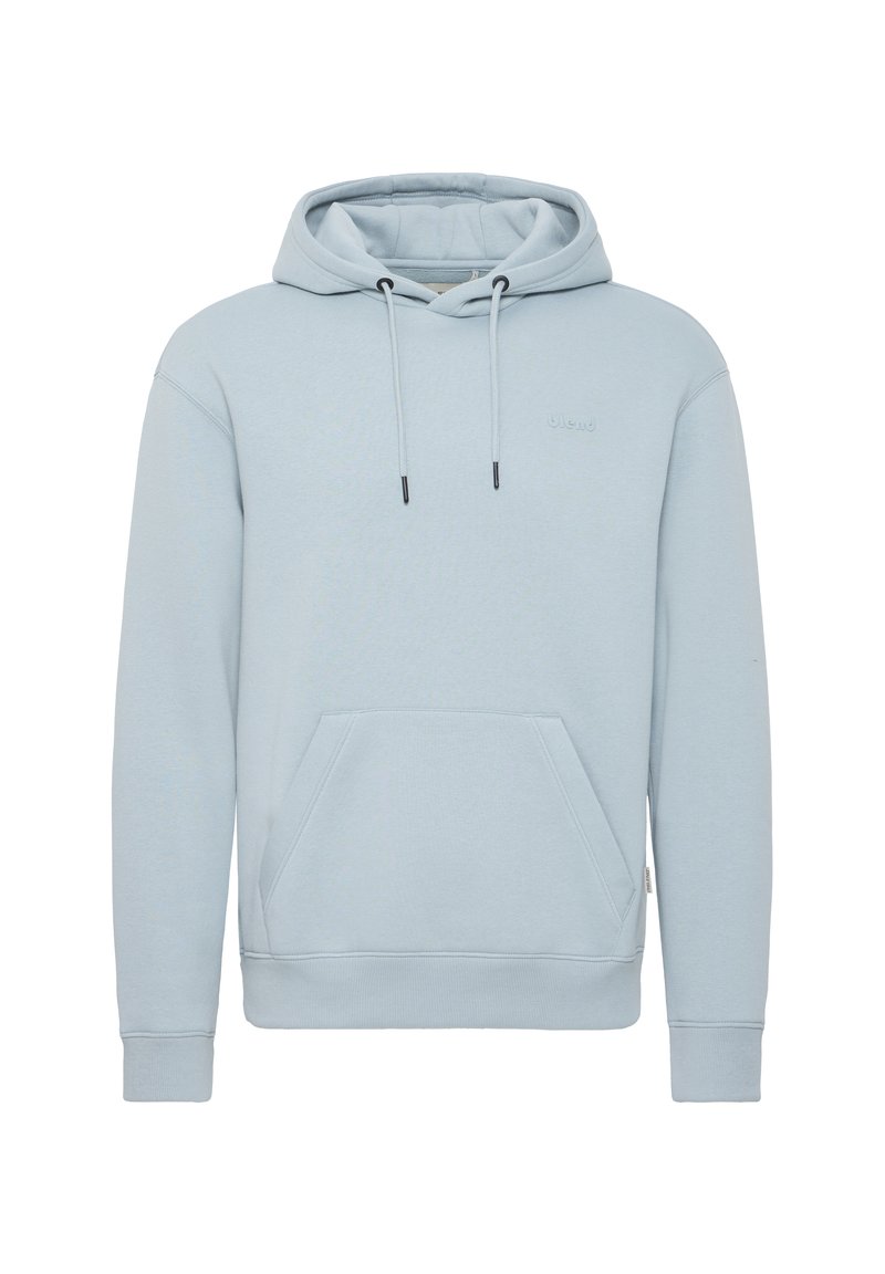 Sudadera de algodón azul claro con bolsillo canguro frontal, cordones ajustables, puños de canalé y un logotipo simple en el pecho.