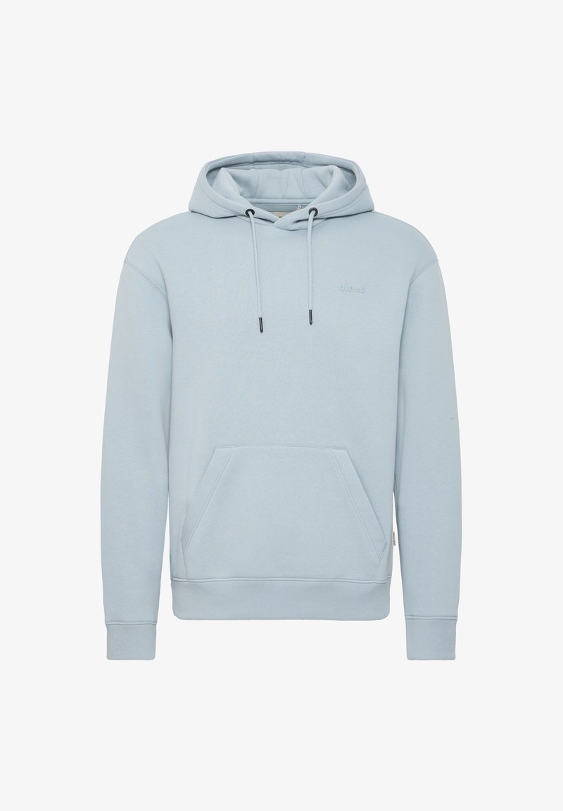 Sudadera de algodón azul claro con bolsillo canguro frontal, cordones ajustables, puños de canalé y un logotipo simple en el pecho.