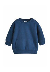 Marineblå sweatshirt i blødt stof, med rund hals, dropped shoulder ærmer og en frontlomme. Inkluderer to skulderknapper.