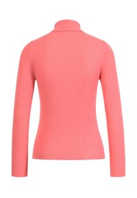 Rosa gerippter Rollkragenpullover mit langen Ärmeln, taillierter Passform und strukturiertem Finish, von hinten betrachtet.