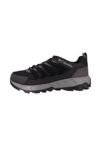 Schwarzer Wanderschuh mit Obermaterial aus Mesh und Wildleder, grauer Gummisohle, strukturiertem Finish und orangefarbigen Akzenten an Schnürsenkeln und Branding. Verfügt über eine Zuglasche.