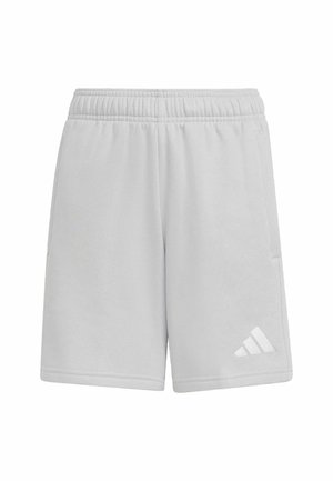 Jasnoszare sportowe szorty Adidas z elastycznym pasem i logo na dolnej lewej nodze, przedstawione na białym tle.