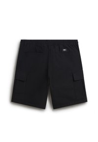 Zwarte cargoshorts met een elastische tailleband, twee voorzakken en twee grote zijzakken. Gemaakt van duurzaam stof met een gladde textuur.