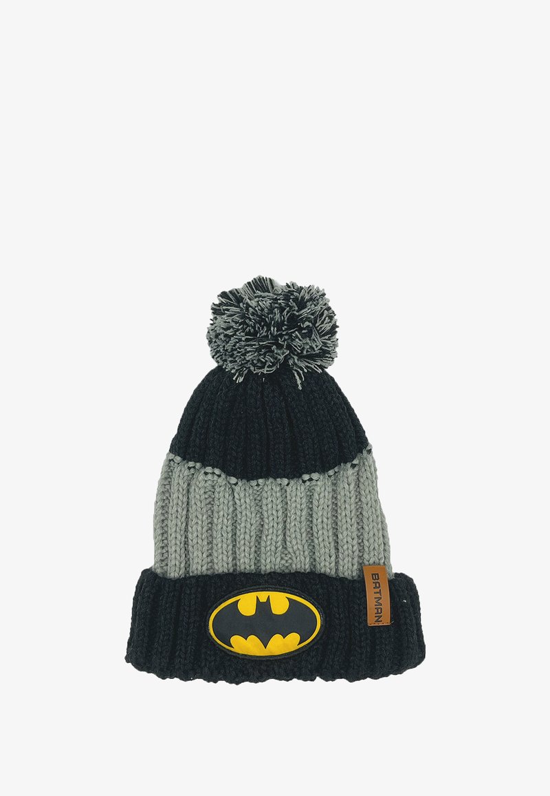 Strickmütze mit einem dunkelblauen und hellgrauen gestreiften Design, gekrönt von einem Pompon, und einem gelben Batman-Logo auf einem schwarzen Band.