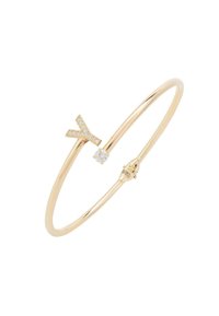Gold-tone bangle bracelet featuring a Y-shaped accent adorned with small clear crystals and a single round stone detail. Smooth metal finish.