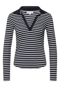 Námorně modrá a bílá pruhovaná polo tričko s dlouhým rukávem, hlubokým V-výstřihem a kontrastním límcem. Vyrobeno z žebrované tkaniny, s přiléhavým střihem.