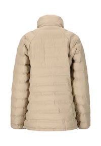 Beige pufferjacka med hög krage, quiltad textur och avslappnad passform. Ingen synlig hårdvara eller accent på baksidan.