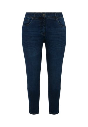 Dark blue denim jeans with a slim fit, featuring a button closure, five pockets, and subtle fading details on the fabric.