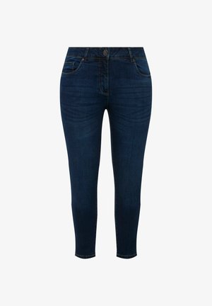 Dunkelblaue Diesel-Jeans in Slim-Fit, mit Knopfverschluss, fünf Taschen und dezenten Ausbleichungen im Stoff.