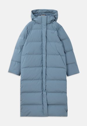Padded knee-length coat in light blue nylon, featuring a hood, front zipper, and vertical quilted design with a smooth texture.