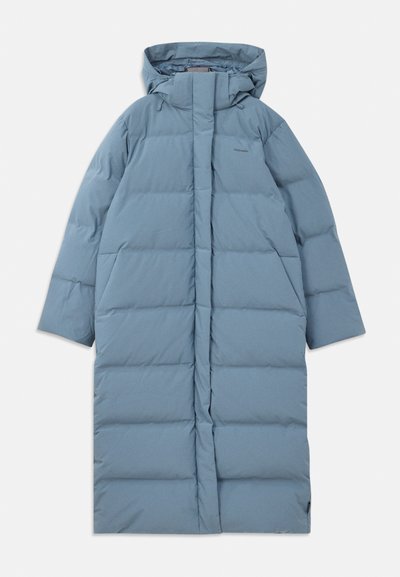 Padded knee-length coat in light blue nylon, featuring a hood, front zipper, and vertical quilted design with a smooth texture.