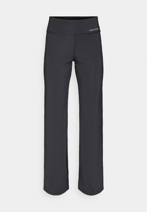 Pantaloni sport negri cu talie lată, confecționați dintr-un material neted și elastic; au un design drept al picioarelor și branding subtil.