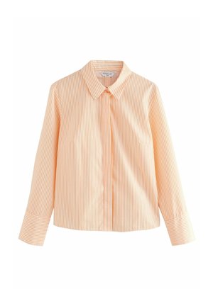 Striped button-up shirt in light orange and white, featuring a pointed collar, long sleeves, and cuffs with a straight hem.