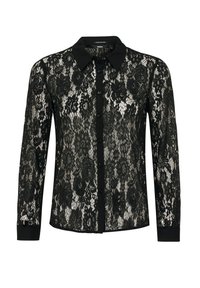 Zwarte kanten shirt met lange mouwen, een klassieke kraag, knopen aan de voorkant en zwarte stofaccenten op de manchetten en de knopenlijst. Bloemmotief in het hele shirt.
