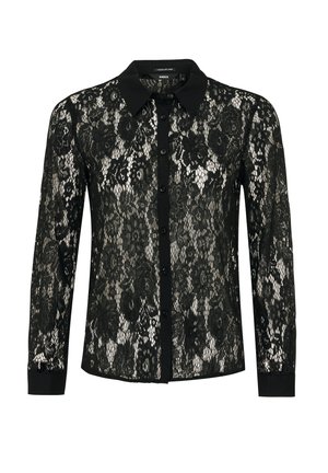 Sort blonde skjorte med lange ærmer, klassisk krave, forreste knapper og sorte stofdetaljer på manchetterne og knapstolpen. Blomster mønster over hele skjorten.