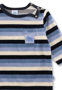 Blauwe, zwarte en crèmekleurige gestreepte babyshirt met lange mouwen, voorzien van drukknoopjes op de schouder en een klein patch met een blauwe olifant.
