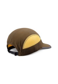 Brauner Hut mit einem gelben Netzpaneel, runder Form und einem grauen Schild. Verfügt über einen schwarzen verstellbaren Riemen auf der Rückseite für eine optimale Passform.