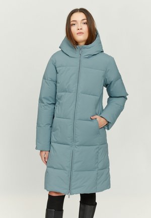 Long, light blue puffer coat with a hood, featuring a zip front, side pockets, and a quilted design. Made of synthetic material.