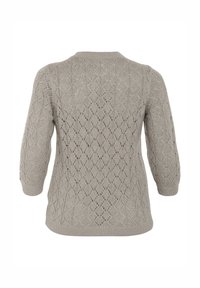 Lichtgrijze pullover met driekwart mouwen, voorzien van een gestructureerd ruitpatroon en een geribde zoom en boorden.