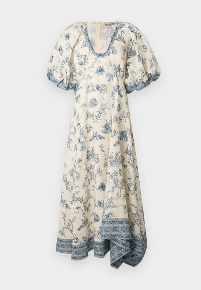 Gėlių rašto suknelė off-white ir mėlynos spalvos, su pūstomis rankovėmis, V formos iškirpte ir išlenktu apvadu, puoštu mėlynu raštuotu kraštu.