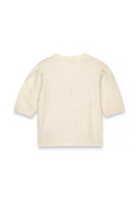 Ljusbeige kortärmad tröja med texturerat stickat tyg, rundad halsringning och mjuka, pösiga ärmar. Enkel, ren design.