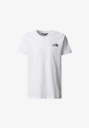 Vit bomull t-shirt med rund halsringning, korta ärmar och en liten marinblå logotyp på vänster bröst; slät textur med en klassisk passform.