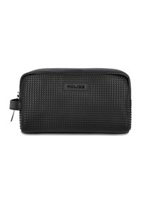 Neceser rectangular negro hecho de material texturizado con un patrón triangular elevado, con cierre de cremallera y asa lateral.