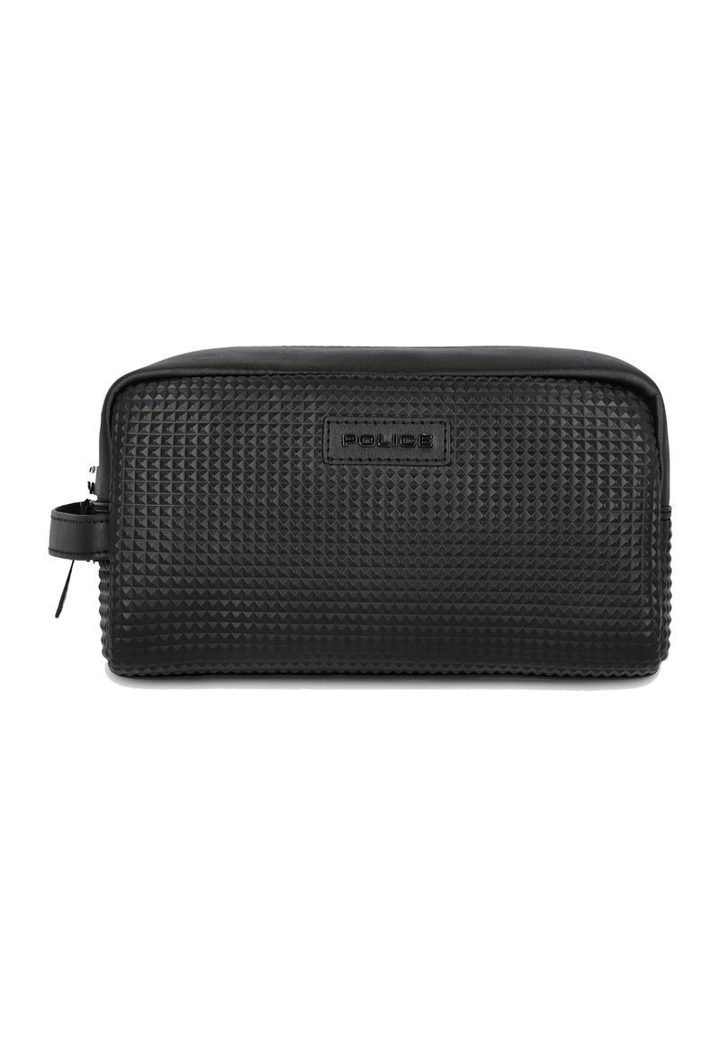 Neceser rectangular negro hecho de material texturizado con un patrón triangular elevado, con cierre de cremallera y asa lateral.