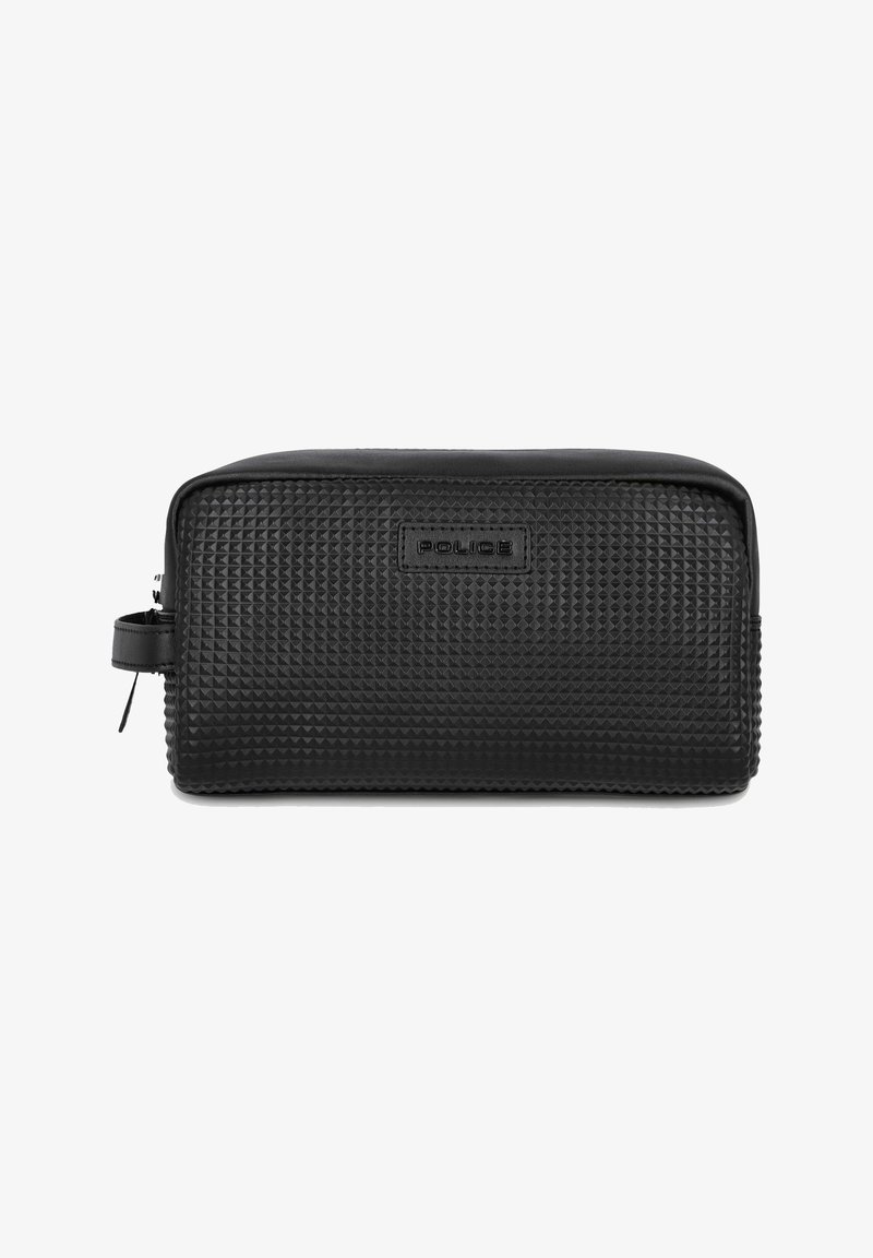 Neceser rectangular negro hecho de material texturizado con un patrón triangular elevado, con cierre de cremallera y asa lateral.