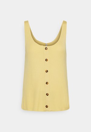 Débardeur jaune côtelé sans manches avec encolure dégagée et six boutons marron alignés au centre devant.