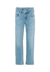 Jeans in denim azzurro chiaro con gamba dritta, design classico a cinque tasche, chiusura frontale con bottoni e dettagli di scoloritura sottili.