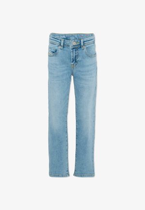 Jean en denim bleu clair avec une coupe droite, un design classique à cinq poches, une fermeture avant par boutons et des détails d'usure subtils.