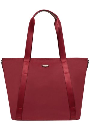 Borsa tote bordeaux con manici in tessuto doppi, forma rettangolare e texture liscia. Presenta un accento del logo discreto sulla parte anteriore.